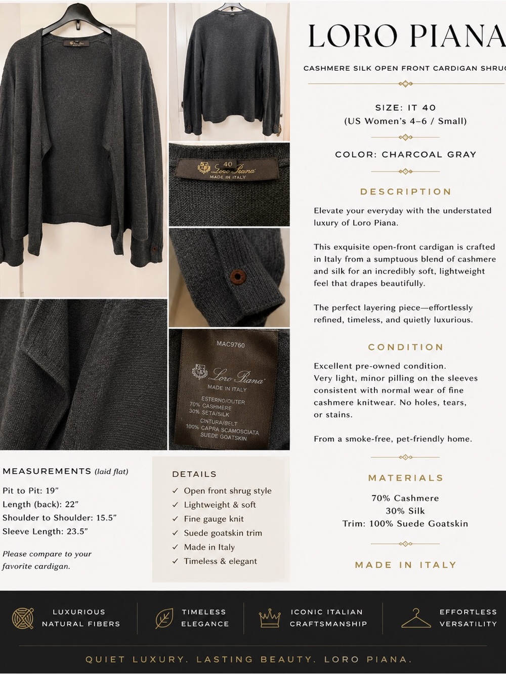 Loro Piana Charcoal Gray Cashmere-Silk Open Front Cardigan Shrug